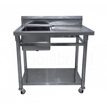 Mesa Bancada Aço Inox com Rodas / Rodízios e Pia (Cuba 50cm) - 1,1m - CB-150BE-N (Esquerdo)