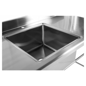 Detalhe: Pia - Mesa Bancada em Aço Inox com Rodas / Rodízios e Lavatório (Cuba Central 50cm) - 1,6m - CB-150BC