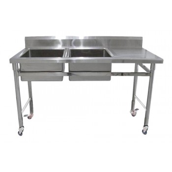 Mesa Bancada Aço Inox 1,5m com Rodas e Pia, duas cubas de  40cm