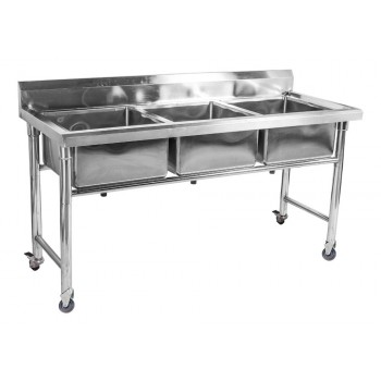 Mesa em Aço Inoxidável com Rodas / Rodízios e Pia / Lavatório (3 Cubas 45cm) - 1,6m - CB-345