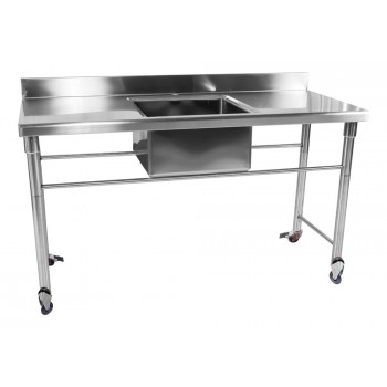 Mesa Bancada em Aço Inox com Rodas / Rodízios e Lavatório (Cuba Central 50cm) - 1,6m - CB-150BC