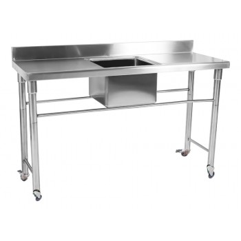 Mesa Bancada em Aço Inox com Rodas / Rodízios e Lavatório (Cuba Central 40cm) - 1,5m - CB-140BC