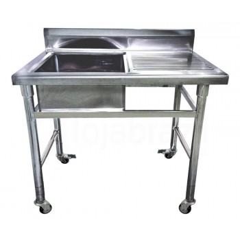 Mesa Bancada Aço Inox com Rodas e Pia (Cuba 50cm) - 1,2m