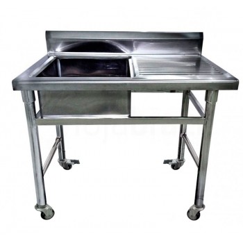 Mesa Bancada Aço Inox com Rodas / Rodízios e Pia (Cuba 50cm) - 1,1m - CB-150BE-N (Esquerdo)