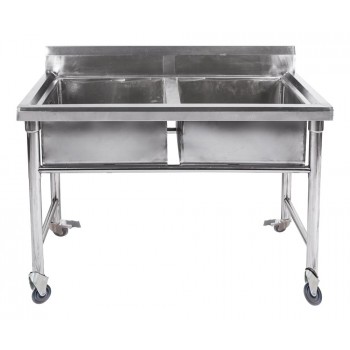 Mesa em Aço Inoxidável com Rodas / Rodízios e Pia / Lavatório (2 Cubas 50cm) - 1,2m - CB-250