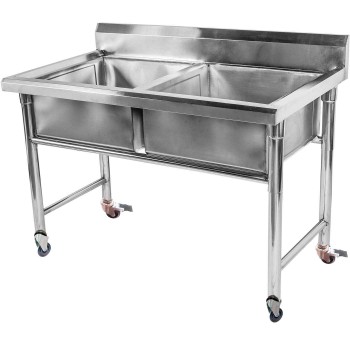 Mesa em Aço Inoxidável com Rodas / Rodízios e Pia / Lavatório (2 Cubas 40cm) - 1m - CB-240