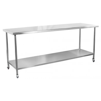 Mesa / Bancada de Apoio 100% em Aço Inoxidável com Rodas / Rodizios - 2,2m (220x70x90cm) - BR-220