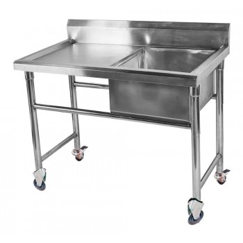 Mesa Bancada em Aço Inox com Rodas / Rodízios e Lavatório (Cuba 40cm) - 1m - ST 240-1D
