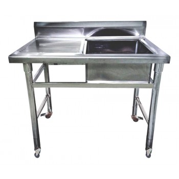 Mesa Bancada Aço Inox com Rodas e Pia (Cuba 50cm) - 1,2m