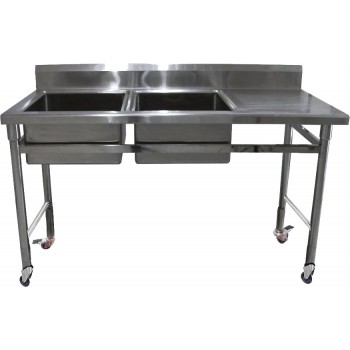 Mesa Bancada em Aço Inox com Rodas / Rodízios e Lavatório (2 Cubas 50cm) - 1,7m ST-250-2
