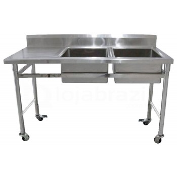 Mesa Bancada Aço Inox com Rodas / Rodízios e Pia (2 Cubas de 50cm) 1,8m - ST250-2D