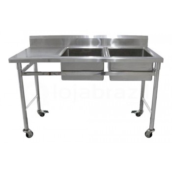 Mesa Bancada Aço Inox com Rodas e Pia (2 Cubas de 40cm) - 1,5m (155x55x80cm) - ST-240B-D (Direito)