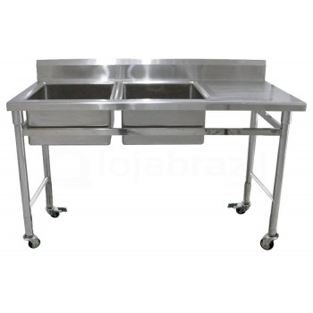 Mesa Bancada Aço Inox com Rodas / Rodízios e Pia (2 Cubas de 50cm) 1,8m - ST 250-2E (Esquerdo)