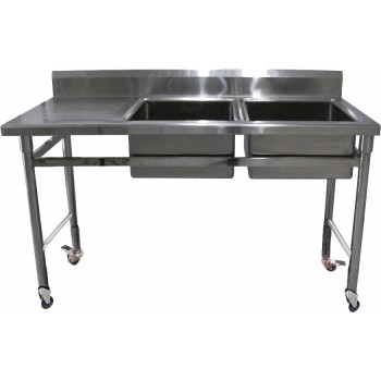 Mesa Bancada em Aço Inox com Rodas / Rodízios e Lavatório (2 Cubas 50cm) - 1,7m ST-250-2 (Direito)