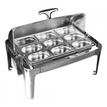 Rechaud Aço Inox com Tampa Giratória e 9 Cubas (GN 1/9 65mm) - 5,4 Lts (Versão Luxo)