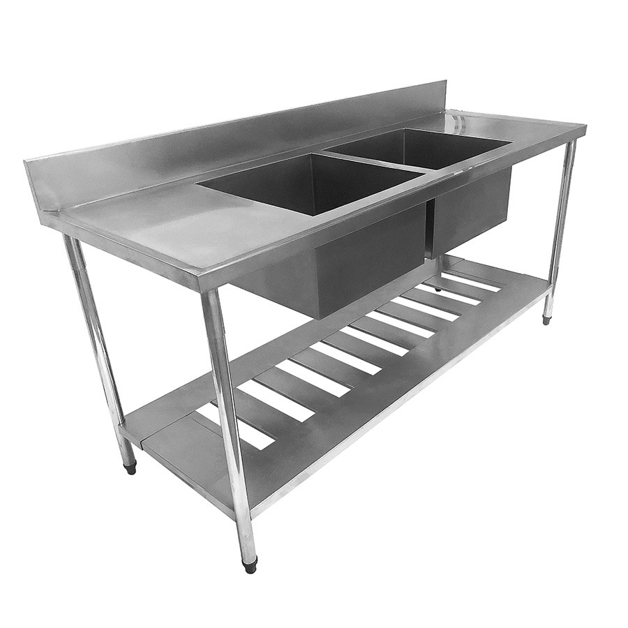 Mesa Pia Aço Inox com Paneleiro Gradeado e 2 Cubas 50x40x30 DIR. - 190x70x90cm