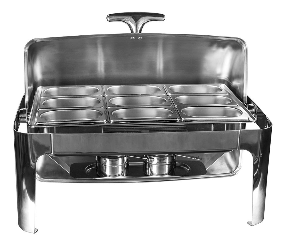 Frontal - Rechaud Aço Inox com Tampa Giratória e 9 Cubas (GN 1/9 65mm) - 5,4 Lts (Versão Luxo) 