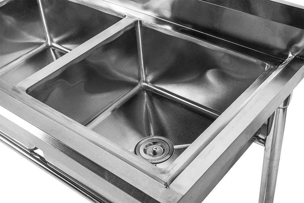 Detalhe das cubas - Mesa em Aço Inoxidável com Pia / Lavatório (3 Cubas 45cm) - 1,6m - CB-345