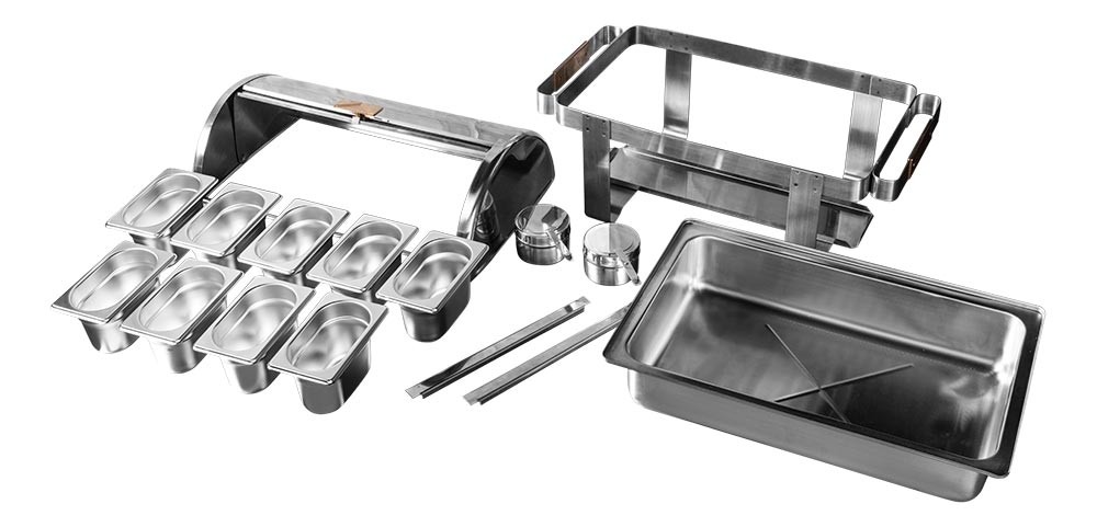 Desmontado - Rechaud Aço Inox com Tampa Giratória e 9 Cubas (GN 19 65mm) Desmontado - Rechaud Aço Inox com Tampa Giratória e 9 Cubas (GN 19 65mm)