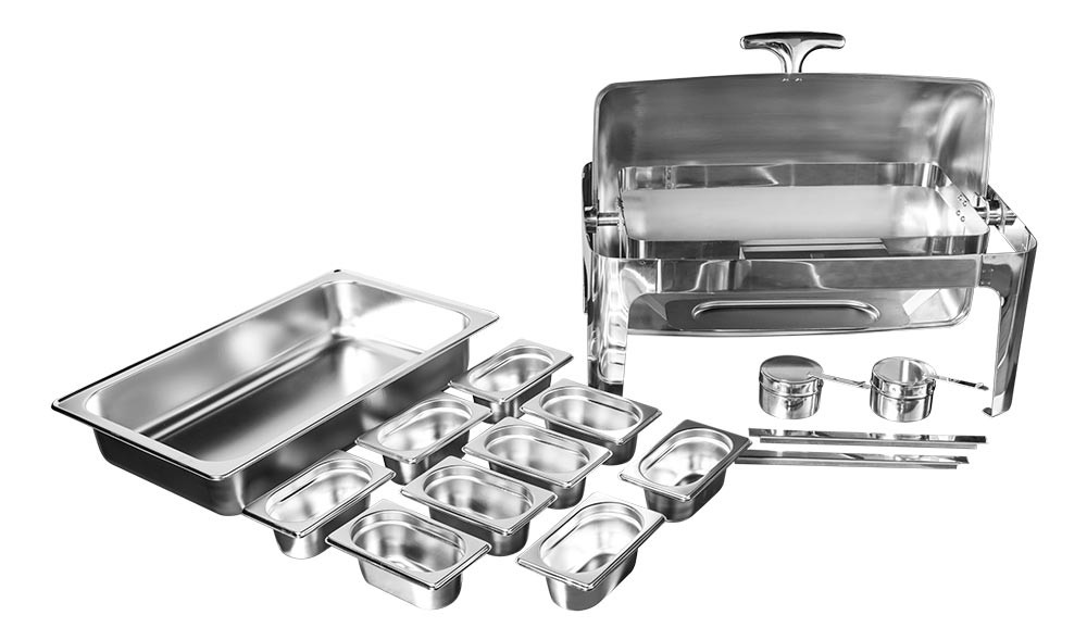Desmontado - Rechaud Aço Inox com Tampa Giratória e 9 Cubas (GN 1/9 65mm) - 5,4 Lts (Versão Luxo) 