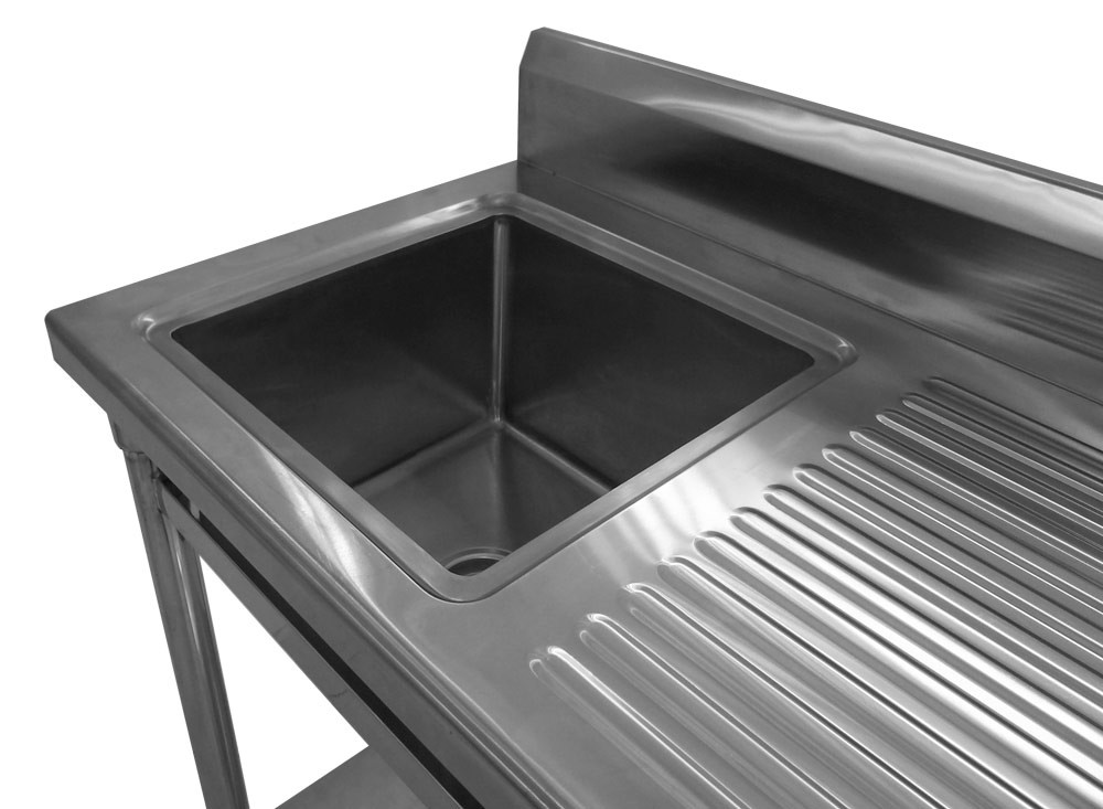 Detalhe: Cuba - Mesa Bancada em Aço Inox com Rodas / Rodízios e Lavatório (Cuba 40cm) - 1m - ST 240-1E (Esquerdo)