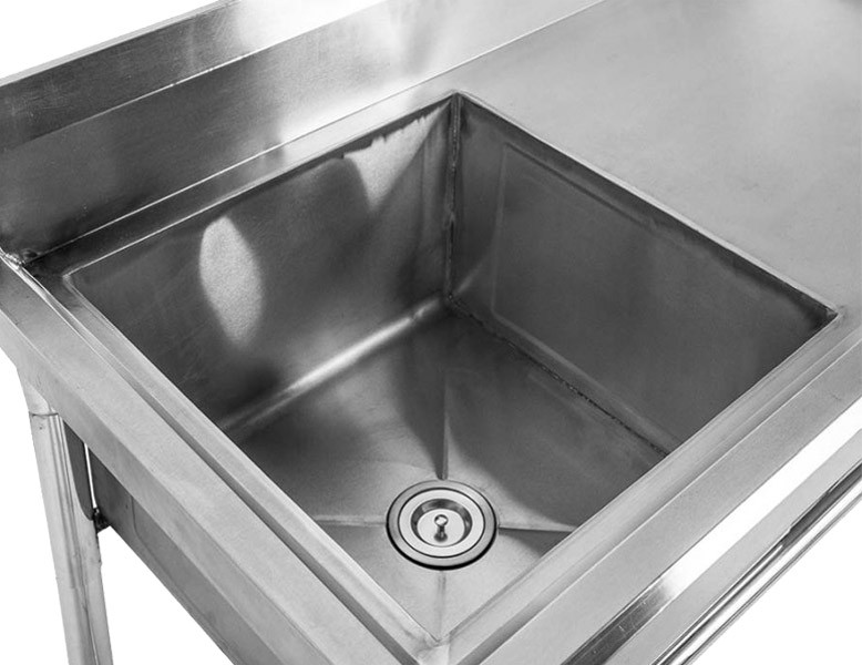 Detalhe: Cuba - Mesa Bancada em Aço Inox com Rodas / Rodízios e Lavatório (Cuba 40cm) - 1m - ST 240-1D