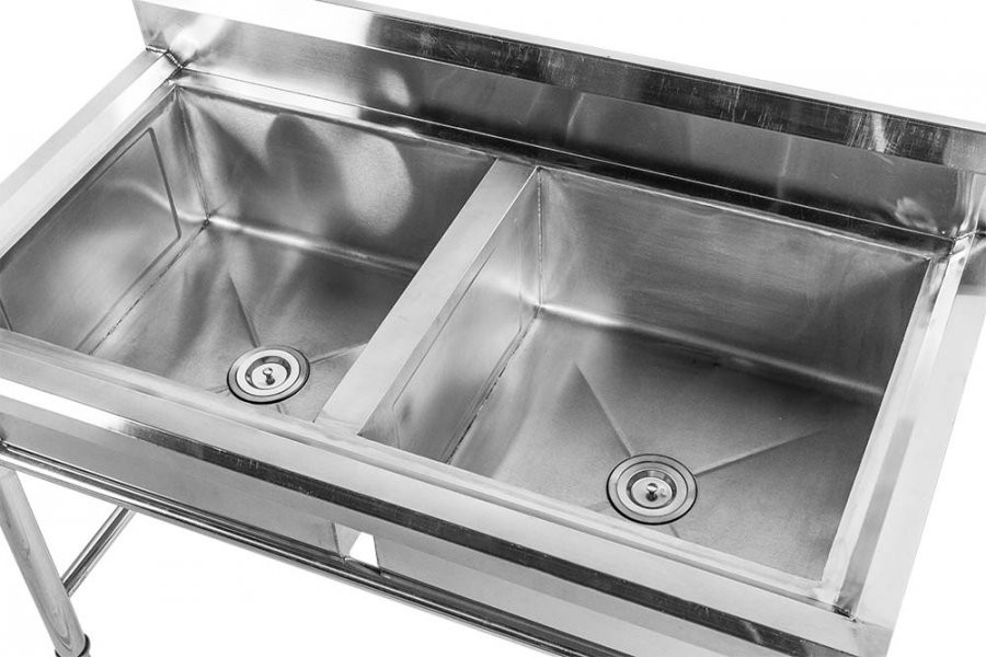 Detalhes: Pia - Mesa em Aço Inoxidável com Rodas / Rodízios e Pia / Lavatório (2 Cubas 40cm) - 1m - CB-240