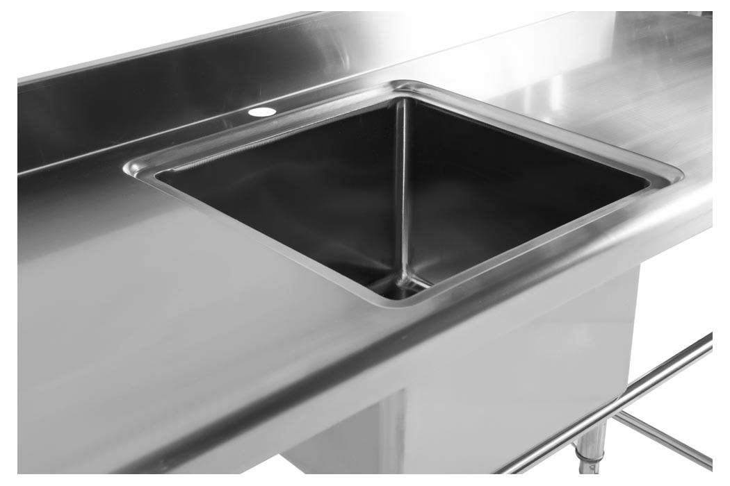 Detalhe: Pia - Mesa Bancada em Aço Inox com Rodas / Rodízios e Lavatório (Cuba Central 40cm) - 1,5m - CB-140BC