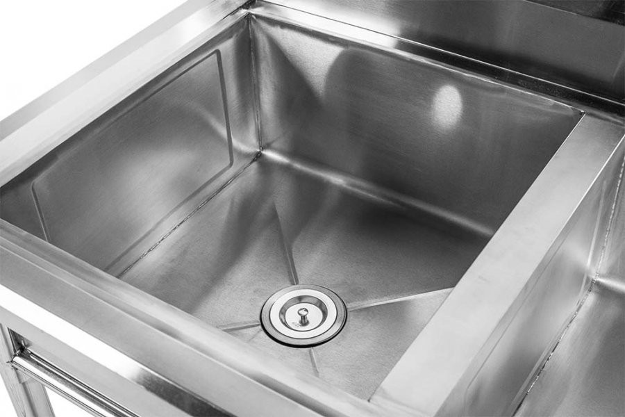 Detalhe: Pia - Mesa em Aço Inoxidável com Rodas / Rodízios e Pia / Lavatório (2 Cubas 50cm) - 1,2m - CB-250