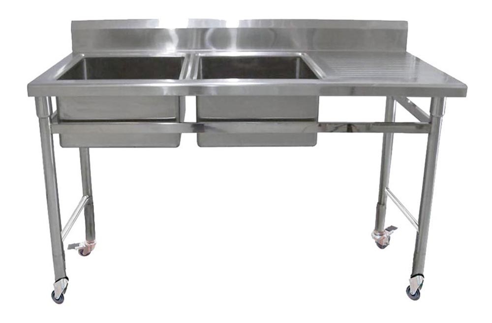 Mesa Bancada Aço Inox 1,5m com Rodas e Pia, duas cubas de  40cm