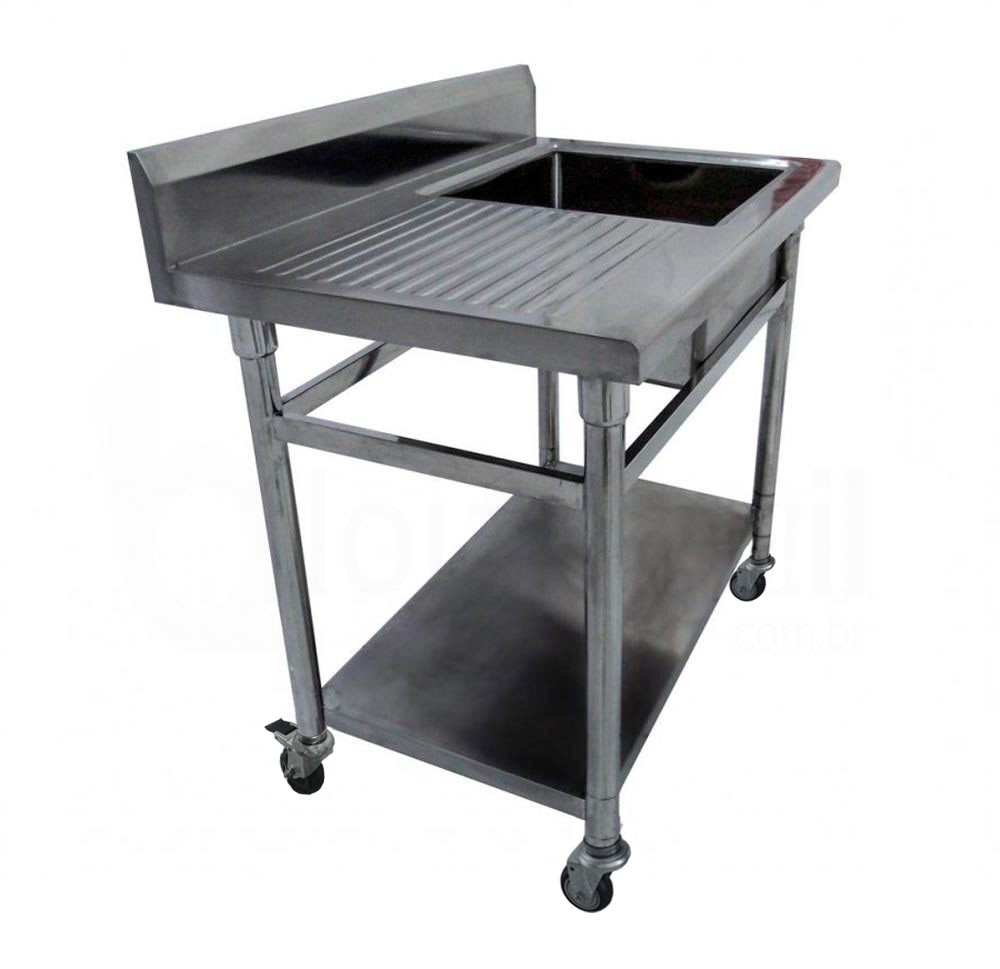 Mesa Bancada Aço Inox com Rodas / Rodízios e Pia (Cuba 50cm) - 1,1m - CB-150BD
