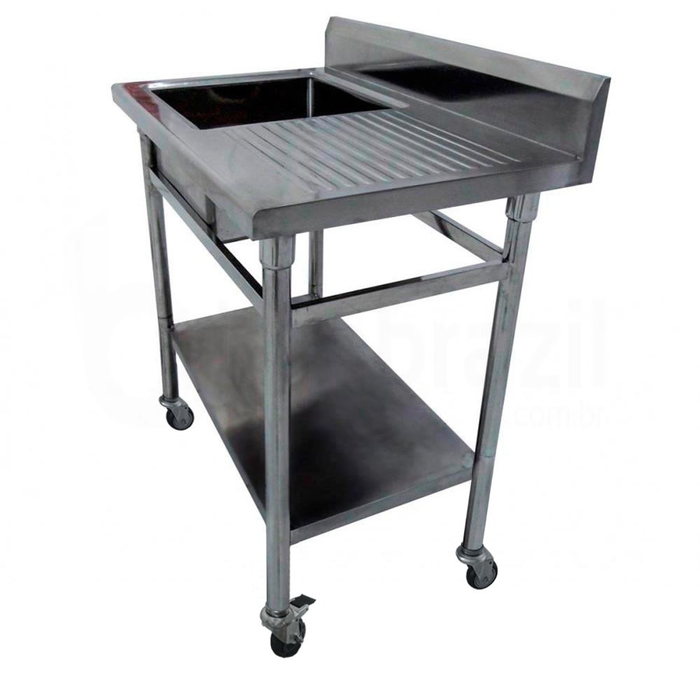 Mesa Bancada Aço Inox com Rodas / Rodízios e Pia (Cuba 50cm) - 1,1m - CB-150BE