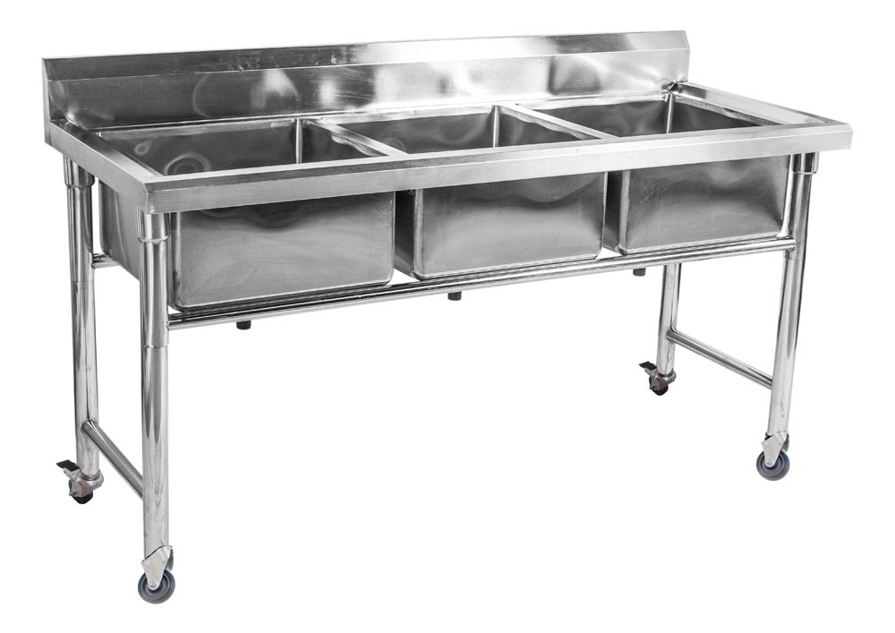 Mesa em Aço Inoxidável com Rodas / Rodízios e Pia / Lavatório (3 Cubas 45cm) - 1,6m - CB-345