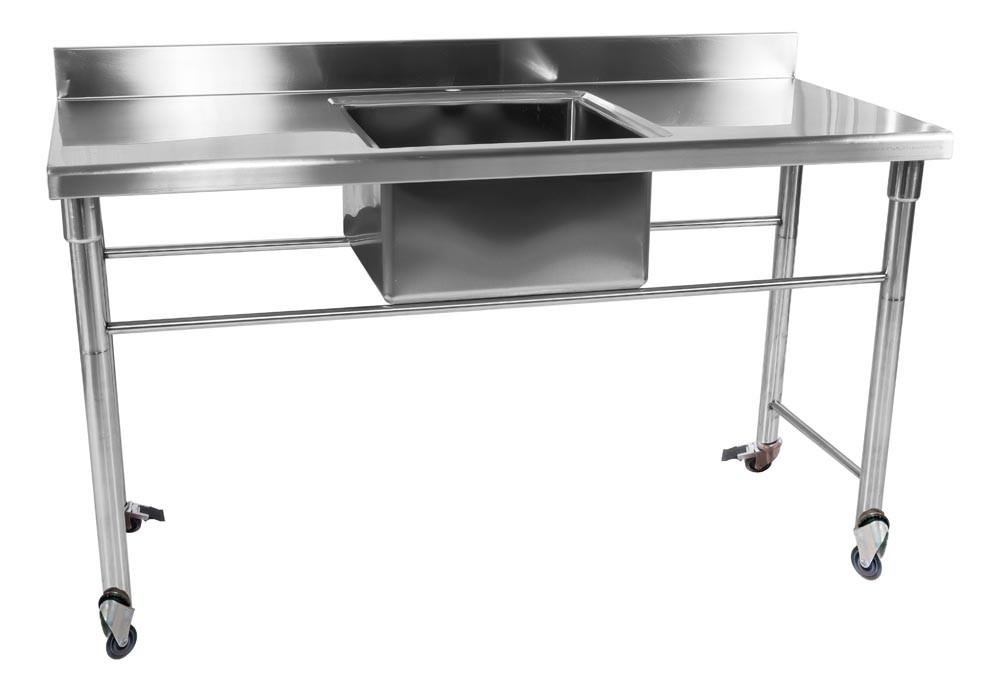 Mesa Bancada em Aço Inox com Rodas / Rodízios e Lavatório (Cuba Central 50cm) - 1,6m - CB-150BC