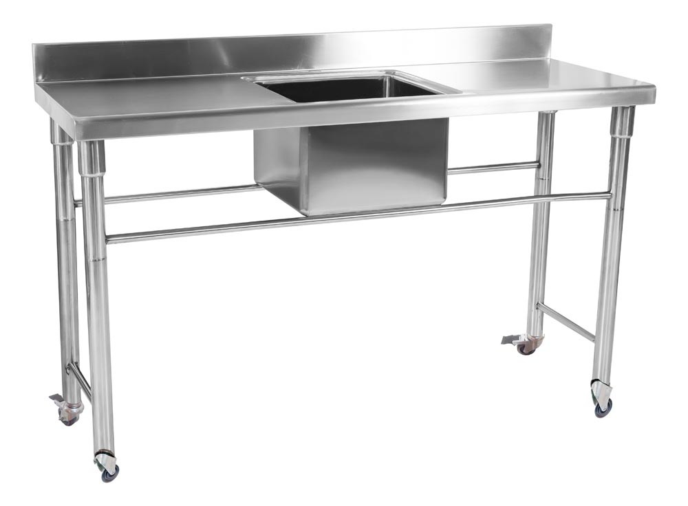 Mesa Bancada em Aço Inox com Rodas / Rodízios e Lavatório (Cuba Central 40cm) - 1,5m - CB-140BC