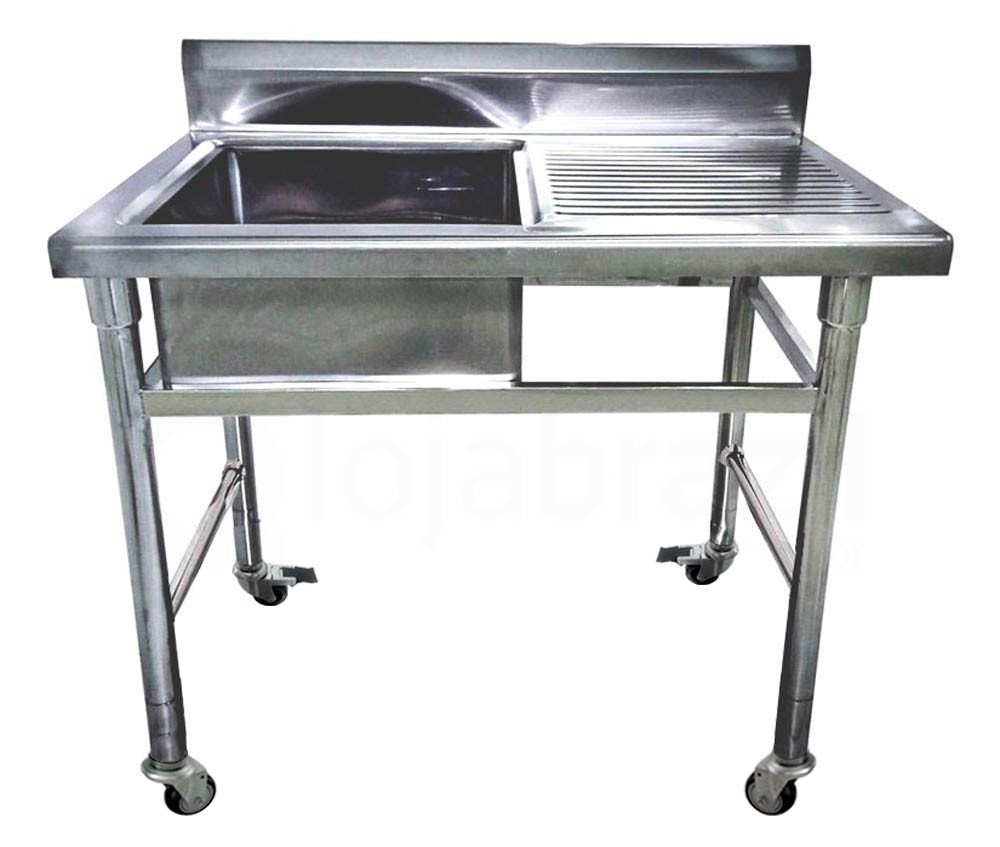 Mesa Bancada Aço Inox com Rodas e Pia (Cuba 50cm) - 1,2m