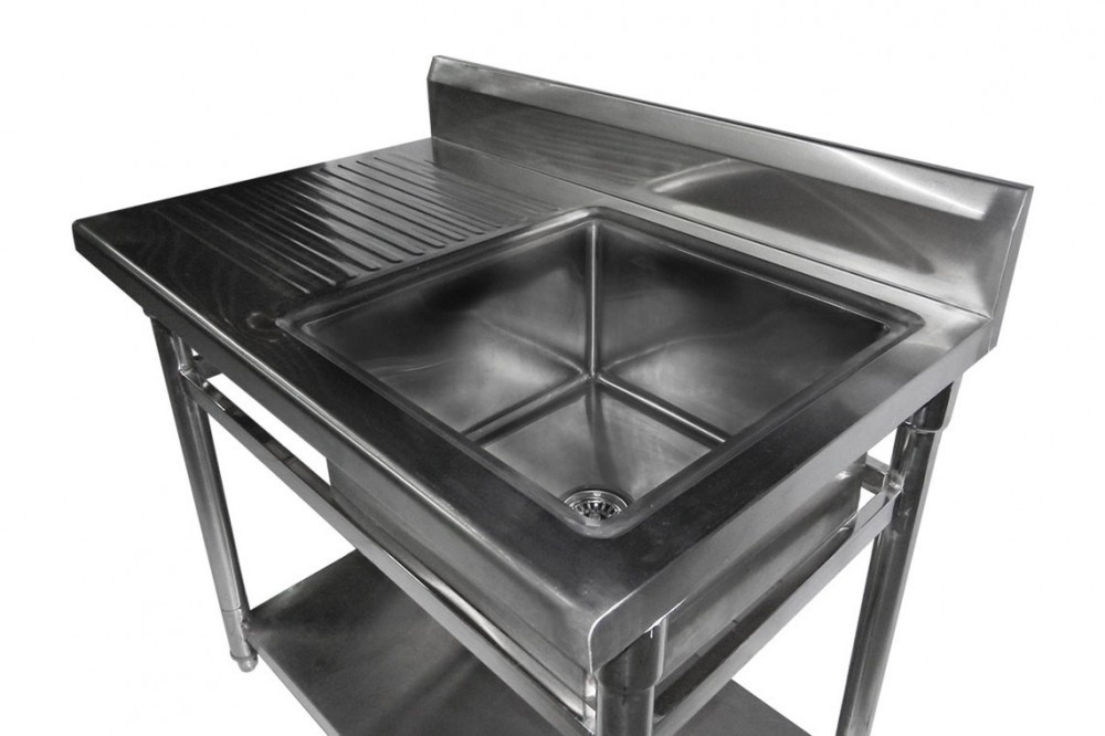 Mesa Bancada em Aço Inoxidável com Pia / Lavatório (Cuba 50cm) - 1,1m - CB-150BD (Lado Esquerdo) detalhe pia 