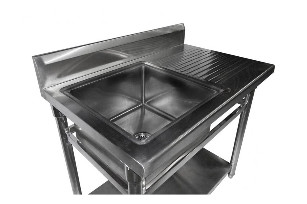 Mesa Bancada em Aço Inoxidável com Pia / Lavatório (Cuba 50cm) - 1,1m - CB-150BD (Lado Direito) detalhe pia