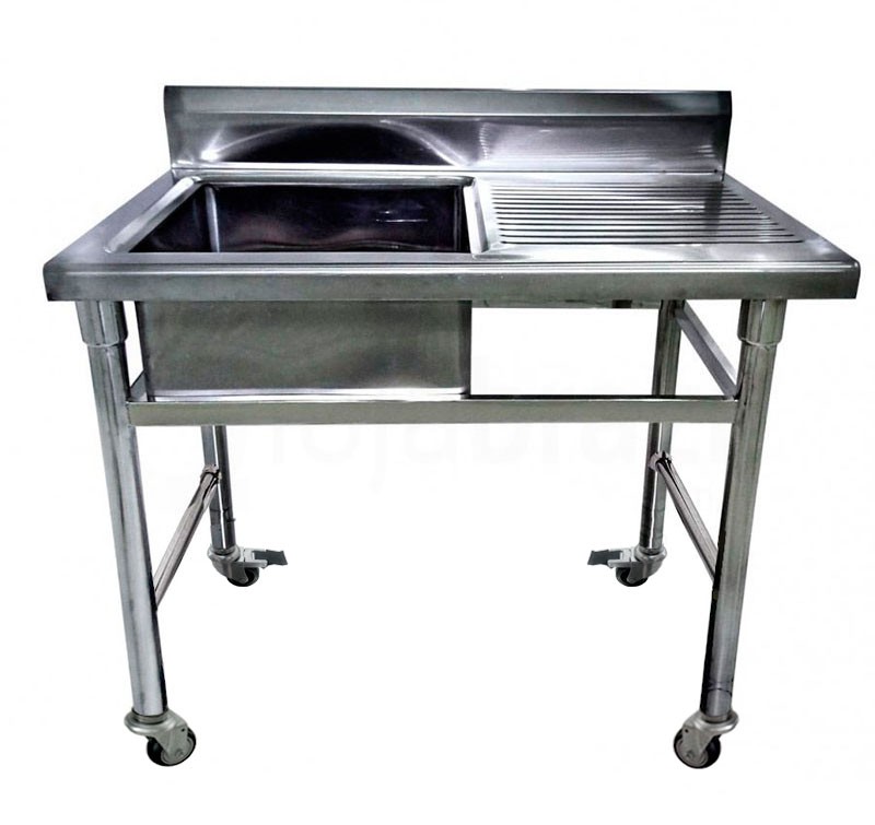 Mesa Bancada Aço Inox com Rodas / Rodízios e Pia (Cuba 50cm) - 1,1m - CB-150BE-N (Esquerdo)