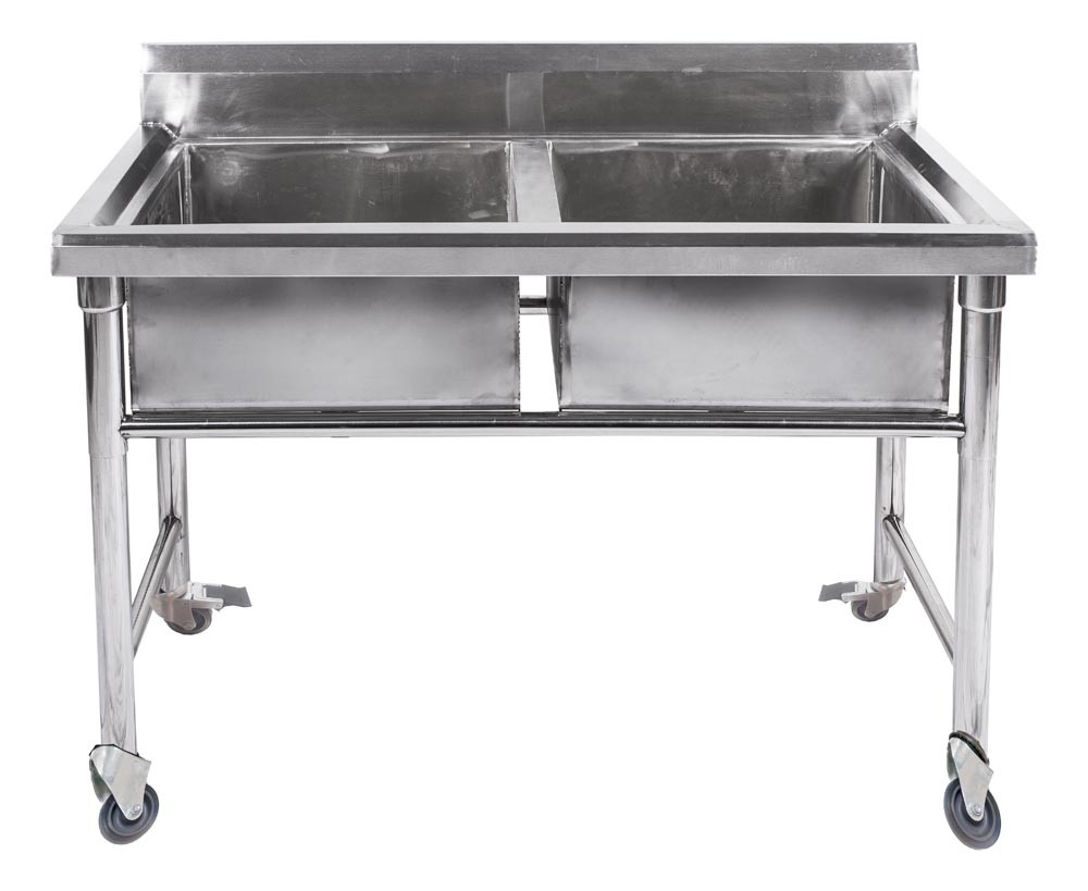 Mesa em Aço Inoxidável com Rodas / Rodízios e Pia / Lavatório (2 Cubas 50cm) - 1,2m - CB-250
