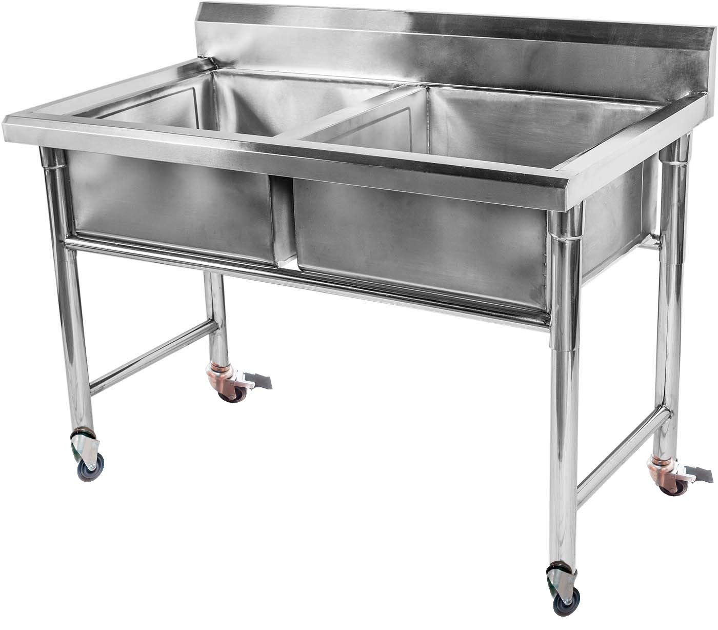 Mesa em Aço Inoxidável com Rodas / Rodízios e Pia / Lavatório (2 Cubas 40cm) - 1m - CB-240