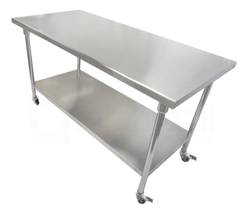 Mesa / Bancada de Apoio 100% em Aço Inoxidável com Rodas / Rodizios - 1,5m (150x70x80cm) - BR-150