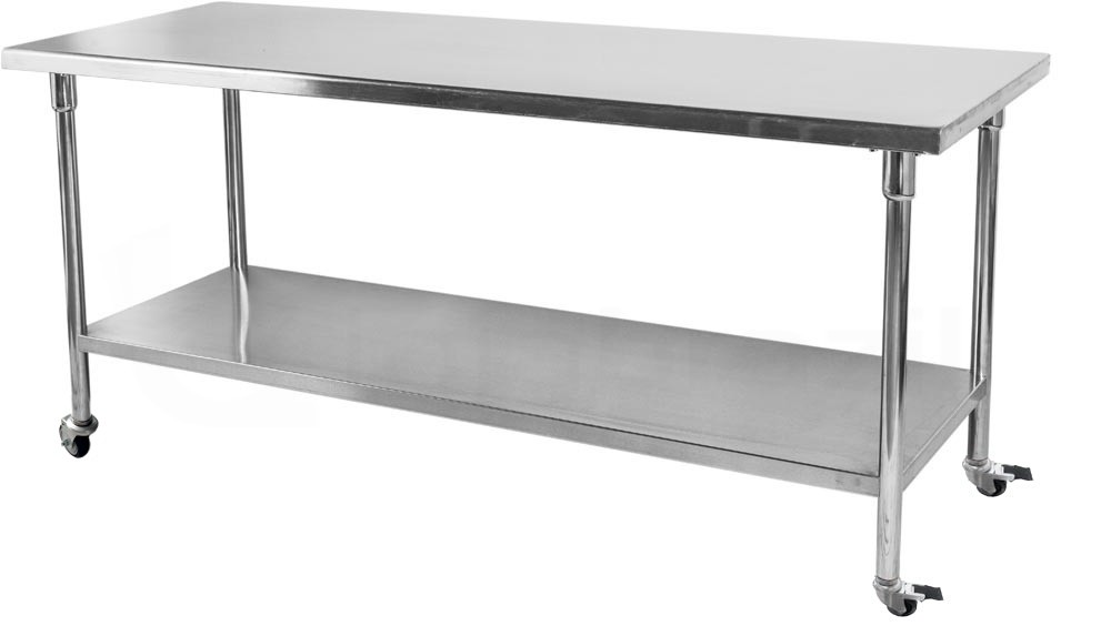 Mesa / Bancada de Apoio 100% em Aço Inoxidável com Rodas / Rodizios - 1,8m (180x70x80cm) - BR-180