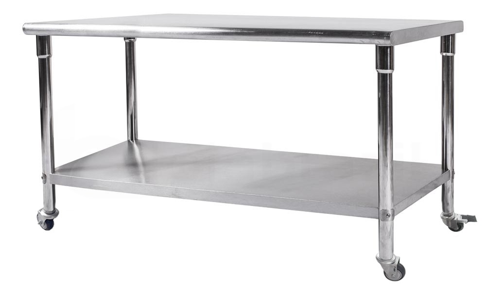 Mesa / Bancada de Apoio 100% em Aço Inoxidável com Rodas / Rodizios - 2m (200x70x80cm) - BR-200