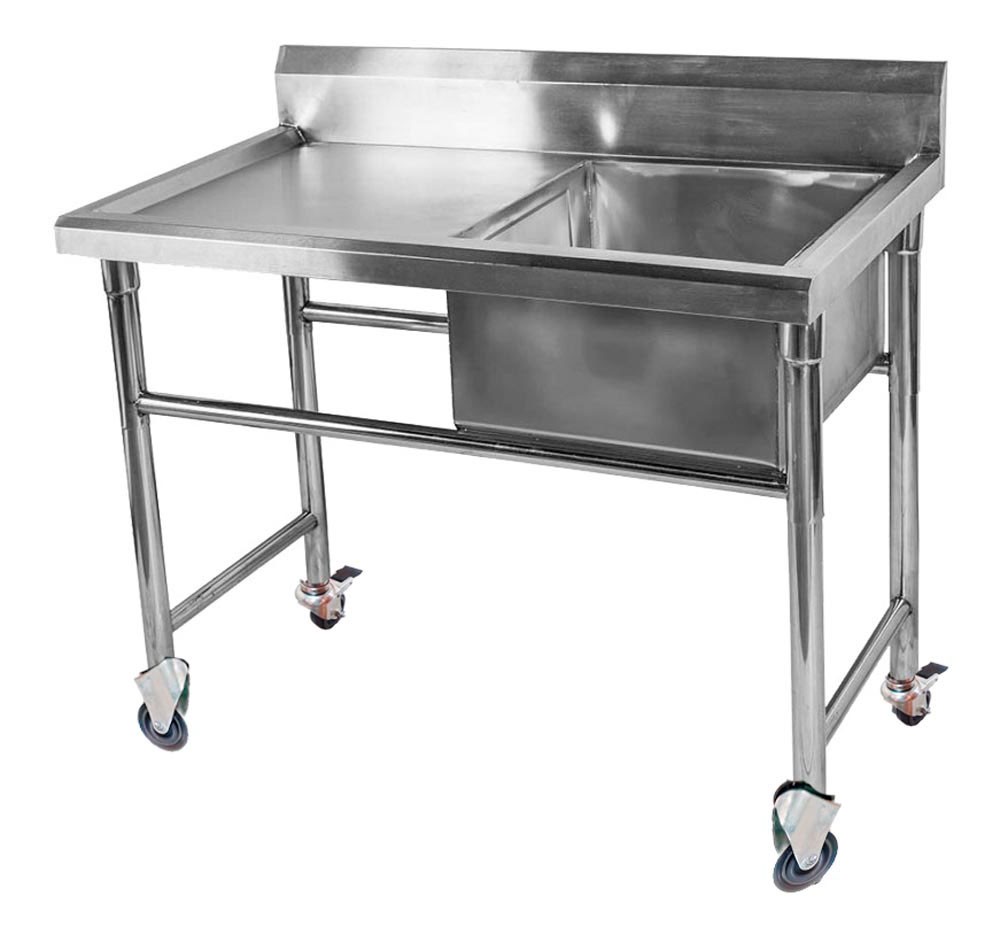 Mesa Bancada em Aço Inox com Rodas / Rodízios e Lavatório (Cuba 40cm) - 1m - ST 240-1D
