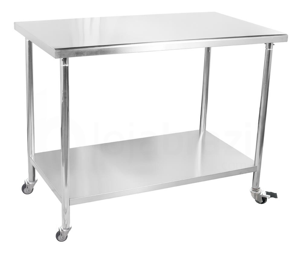 Mesa / Bancada de Apoio 100% em Aço Inoxidável com Rodas / Rodizios - 1,2m (120x70x90cm)