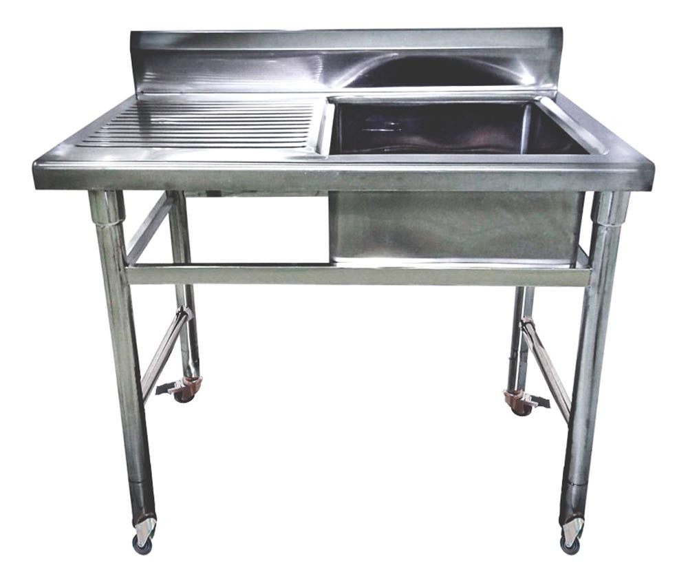 Mesa Bancada Aço Inox com Rodas e Pia (Cuba 50cm) - 1,2m