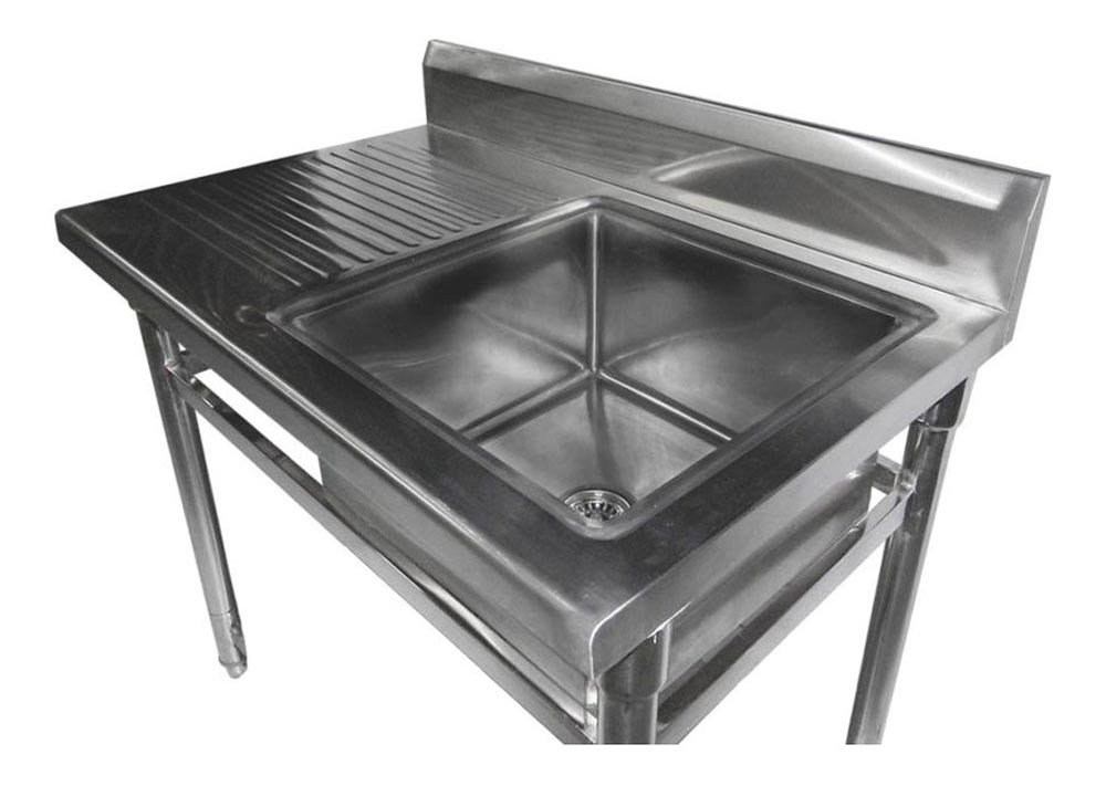 Mesa Bancada Aço Inoxidável com Pia / Lavatório (Cuba do lado direito, 50cm) - 1,1m - Detalhe