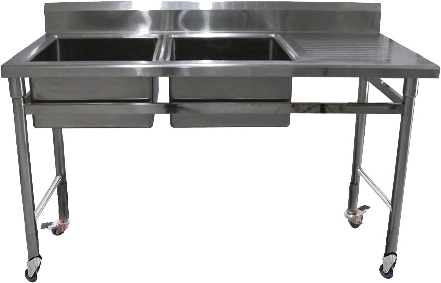 Mesa Bancada em Aço Inox com Rodas / Rodízios e Lavatório (2 Cubas 50cm) - 1,7m ST-250-2