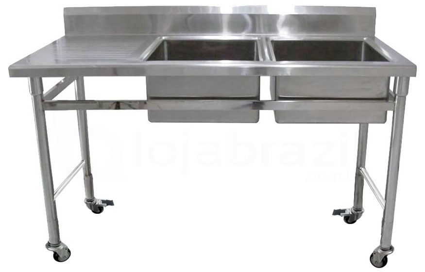 Mesa Bancada Aço Inox com Rodas / Rodízios e Pia (2 Cubas de 50cm) 1,8m - ST250-2D